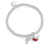 equilibrium Robin Silver-Plated Beaded Bracelet with Feather and Robin Charm, Cubic Zirconia Crystal, Sentimental Memorial Gift