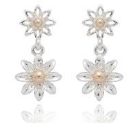 Equilibrium Silver and Gold Plated Double Daisy Flower Drop Dangle Earrings, Two Tone Floral Design