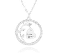 equilibrium Silver Plated Love You Necklace, Pavé CZ Circle Pendant with Heart Charm, Tree Branch Design, 2.2 x 2.0 cm