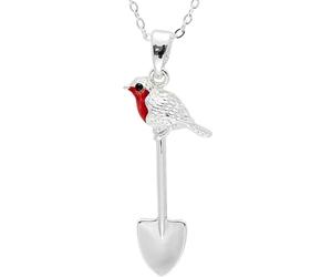 equilibrium Silver Plated Robin on Garden Spade Pendant Necklace, Red Enamel Bird Charm, Angels Are Near Gift