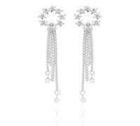 Equilibrium Starlight Tassel Silver Plated Earrings, Celestial Inspired Design, Drop Style with Chain Tassels and Star Accents