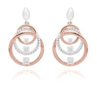 Equilibrium Two Tone Entwined Circle Drop Earring, Silver and Rose Gold Plated, Cubic Zirconia, Interlocking Rings, Gift Boxed