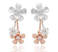 Equilibrium Two Tone Floral Drop Earring, Silver and Rose Gold Plated, Pavé Cubic Zirconia, Dangle Style, Gift Boxed
