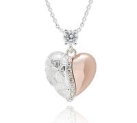 equilibrium Two Tone Heart Necklace, Silver and Rose Gold Plated, CZ Crystal Pendant, Textured Design, 1.5 x 1.4 x 0.5 cm