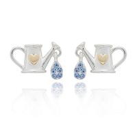 Equilibrium Watering Can Stud Earrings, Silver and Gold Plated, Blue Cubic Zirconia Drop, Nature Inspired Garden Jewellery, Gift Boxed