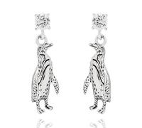 Equilibrium Wild At Heart Penguin Silver Plated Drop Earrings with Cubic Zirconia, CZ Stud Dangle Design