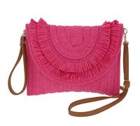 equilibrium Woven Fringed Fuchsia Cross Body & Clutch Bag, Straw-Style Textured, Detachable Strap, 20x28x4 cm