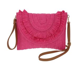 equilibrium Woven Fringed Fuchsia Cross Body & Clutch Bag, Straw-Style Textured, Detachable Strap, 20x28x4 cm