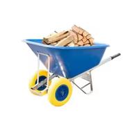 Equimed Garden Wheelbarrow - Extra Large Trolley with 200L Plastic Bucket, Puncture-Proof PU Wheels, Galvanised Frame (Blue/Yellow)