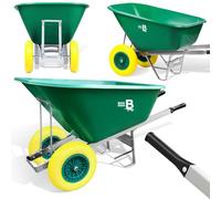Equimed Garden Wheelbarrow - Extra Large Trolley with 200L Plastic Bucket, Puncture-Proof PU Wheels, Galvanised Frame (Green/Yellow)