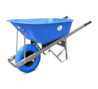 Equimed Garden Wheelbarrow - Large Trolley with 160L Plastic Bucket, Puncture-Proof PU Wheel, Galvanised Frame (Blue, Single Wheel)