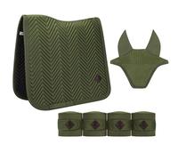 Equimour Sage 3-Piece Dressage Saddle Cloth Set - Saddle Cloth, Fly Cover & Fleece Bandages - Breathable & Elegant - Equestrian Tournament Set Warmblood / Full - Classic Sage