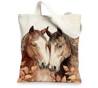 Equine Canvas Tote Bags, Artistic Horse Design Reusable Shopping Bags, Rustic Country Style Lightweight Washable Shoulder Bags for Everyday Use 13x15 Inch
