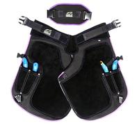 Equine Care Women’s Farrier Apron Chaps 23″ - Leather & Canvas, Adjustable 28-52″ Waist, EVA Padded Knees, Lumbar Support, 4 Knife Pockets & Nail Magnets for Hoof Trimming (Black with Purple Piping)