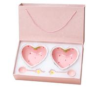 equlup 2pcs Ceramic Salad Bowl Sets, Heart Shape Ramekin Set Strawberry Pink Dessert Bowl with Spoons for Fruits Candy Dessert Home Kitchen Cooking Baking Gift