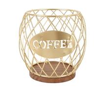 equlup Coffee Pod Storage Basket, 15.5x15cm Coffee Pod Holder with Wooden Base Portable Large Capacity Espresso Capsule Storage Organizer for Kitchen, Bar, Counter, Office, Desktop (Gold)