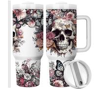 Equoza Horror Gifts Idea for Men 40oz Gothic Skulls Stainless Steel Travel Mug Tumbler with Handle, Double Wall Vacuum Insulated Cup with Lid and Straw (Pack of 1)
