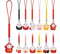 Equsion 12 Pcs Lucky Cat Keychain Charms Maneki Neko Pendant Japanese Keychain Gifts Good Luck Charms Strap Fengshui Fortune Beckoning Cat Good Health Mascot Avoid Evil Pendants