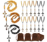 Equsion 12 Set Wooden Bead Rosary Necklace Catholic Rosary Wood Carved Beads with Jesus Cross Our Father Solid Wooden Rosary Beads with Velour Gift Pouch Baptism Favors Catholic Gift, Wood, wood