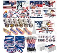 Equsion 24 Sets 4th of July Party Favors Include Patriotic Thank You Cards With Envelopes Stickers Military Challenge Coins Lapel Pins Silicone Bracelet Ballpoint Pens For Independence Day