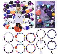 Equsion 25 Sets Halloween Bracelets Bulk for Women Stackable Heishi Beaded Stretch Bracelet Ghost Pumpkin Bat Charm with Thank You Cards Halloween Friendship Boho Handmade Outfits Jewelry