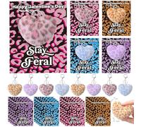 Equsion 32 Pcs Happy Galentine's Day Gifts Pom Poms Keychains Leopard Heart Fluffy Keychain with Bag Greeting Card Bulk Key Rings for Women Valentine's Exchange Gifts Galentine's Day Y2k Decoration