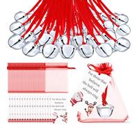 Equsion 50 Pcs Believe Bell Ornaments 1.5 Inch Silver Santa Sleigh Gift Decoration for Christmas Tree With Red Ribbon, Card and Organza Bags for Kids and Adults