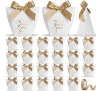 Equsion 50 Pcs Small Bow Paper Gift Bags with Ribbon 2.36 x 2.36 x 3.94 Inches Mini Coquette Bow Thank You Candy Treat Bags for Wedding Birthday Baby Shower Valentines Day Party Supplies(White)