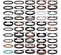 Equsion Tondiamo 50 Pcs Braided Leather Bracelets for Men Women Wrap Wooden Bead Cuff Bracelet Hemp Cords Ethnic Tribal Handmade Wrap Wristband Bracelets Set Adjustable for Personal Wearing