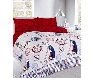 ER Direct Jake Nautical Boats Beach Sail Reversible Duvet Bedding Linen Set with Pillow Case (Red, King)