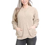 ER Direct Ladies Round Neck 7 Button 2 Pocket Long Sleeve Cardigan Women Casual Cardigan Long Sleeves Soft Loose and Stretchy and Sleeve Side Pockets Cardigan Stone