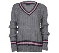 ER Traders Ltd New Ladies V Neck Cable Knitted Cricket Jumper Womens Outdoor Stretch Long Sleeve Striped Sweater Top (Grey, 12-14)