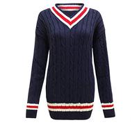 ER Traders Ltd New Ladies V Neck Cable Knitted Cricket Jumper Womens Outdoor Stretch Long Sleeve Striped Sweater Top (Navy, 8-10)