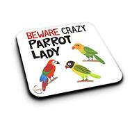 ER436 Beware Crazy Parrot Lady Novelty Present Gift Printed MDF Wooden Coaster