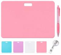 Erasable Badge Notes, Reusable Silicone Vertical Horizontal Badge Buddy, Ballpoint Pen Write & Alcohol Erasure, Lightweight ID Card Badge Reel Notepad for Nurses Doctors Teachers (#Pink, Horizontal)