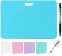Erasable Badge Notes, Reusable Silicone Vertical Horizontal Badge Buddy, Ballpoint Pen Write & Alcohol Erasure, Lightweight ID Card Badge Reel Notepad for Nurses Doctors Teachers (Blue, Horizontal)