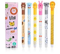 Erasable Pen Animal Gel Pens 6 Pack with Thermosensitive Erase Cute Rub Out Novelty Stationery Set Friction 0.5mm Tip Fun Journaling Office Supplies (Black Ink)