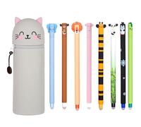 Erasable Pens with Thermosensitive Erase Ink, 2-in-1 Soft Silicone Case -Kawaii Table Pen Holder, Zipper, Silicone, Pen Bag, Colouring Pencils Marker, H 18.5 cm Cat