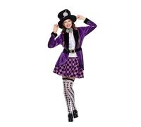 EraSpooky Adult Women Hatter Costume Mad Tea Party Purple Halloween Fancy Dress 6 Pc Set with Accessories Size M