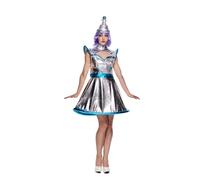 EraSpooky Women's Sexy Space Alien Costume Vintage Adult Shiny Metallic Robot Dress with Hat S