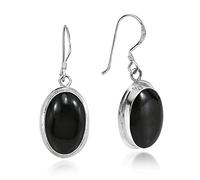 eraVida Simply Elegant Oval Simulated Black Onyx Inlay on .925 Sterling Silver Dangle Earrings | Classic Sterling Silver Dangle Earrings | Earrings for Women | Oval Dangle Earrings