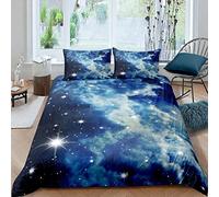 Erbaeo 100% Bamboo Super Silky Soft 4 Piece Duvet Bed Set - Blue Galaxy Starry Sky White Clouds Stars Landscape - Complete Bedding Set Includes Duvet Cover 2 Pillowcases And Fitted Sheet - Double (20
