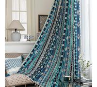 Erbnaryx Boho Curtains Geometric Light Filtering Semi-Blackout Window Curtains 96 Inches Long Rod Pocket Drapes for Living Room 2 Panels-Vintage Blue