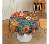 Erbnaryx Boho Tablecloth for Round Tables,Fringed Edges with Geometric Pattern Tablecloths,Farmhouse Floral Table Cover Cloth Decorative for Kitchen Dining Room,60"（Round）