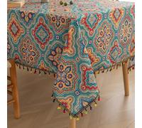 Erbnaryx Handblock Print Tablecloth for Square Tables,Fringed Edges with Bohemia Pattern Tablecloths,Table Cover Cloth Decorative for Kitchen Dining Room,59"x 102"