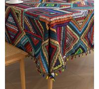Erbnaryx Handblock Print Tablecloth for Square Tables,Fringed Edges with Geometric Stitch Pattern Tablecloths,Table Cover Cloth Decorative for Kitchen Dining Room,59"x 59"