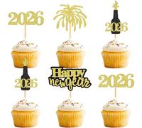 Ercadio 24 Pack 2026 Happy New Year Cupcake Topper Hello 2026 Cake Toppers Cheers to 2026 Gold Glitter Cake Topper Firework Picks for New Year Eve Party Decor Supplies