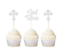 Ercadio 24 Pack God Bless and Cross Cupcake Toppers Gold Glitter Baby Baptism Cupcake Picks Christian Religious Party Decoration… cupcake toppers S