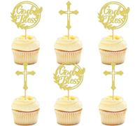 Ercadio 24 Pack God Bless Cupcake Toppers with Cross Glitter Baptism Cake Picks Decorations for Christian Religious Party Decor Supplies