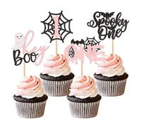 Ercadio 24 Pack Halloween Cupcake Toppers Pink Spooky One Ghost Cupcake Toppers Picks for Happy Halloween Day Theme Birthday Party Cake Decoration Supplies